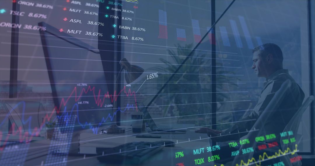 Businessman Analyzing Financial Data in Modern Office with Overlapping Graphs