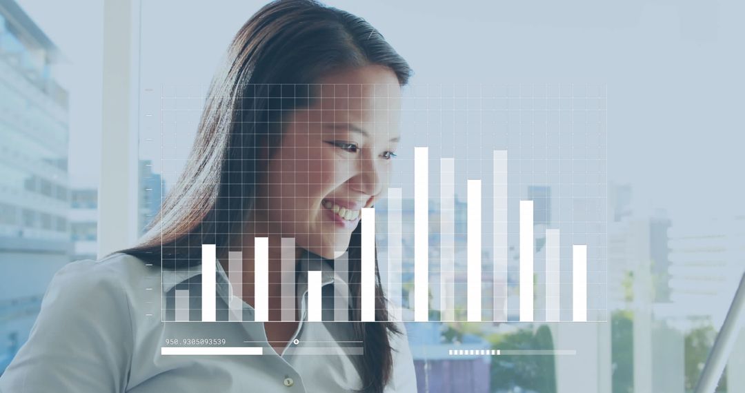 Businesswoman Analyzing Data with Digital Graph Overlay in Modern Office