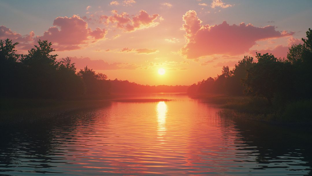 Serene Lake Sunset with Glowing Reflections and Silhouetted Trees