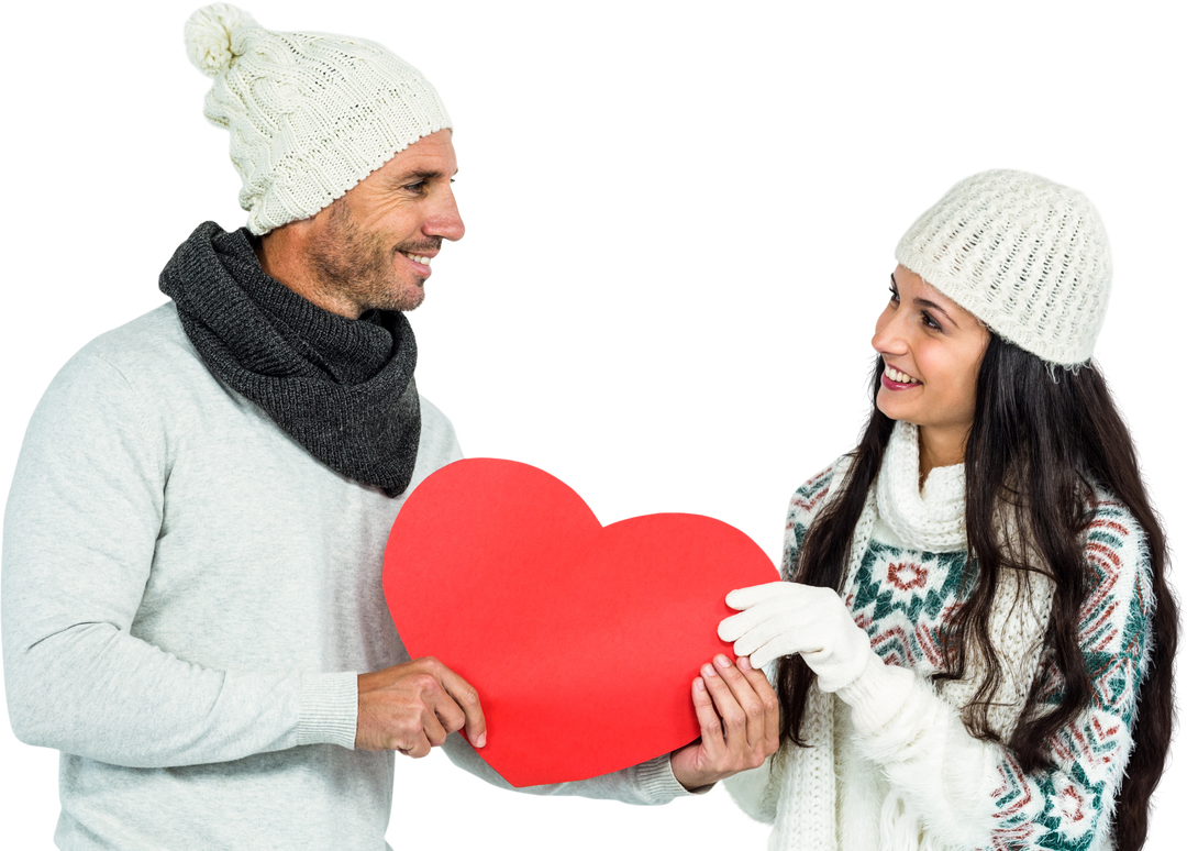 Smiling Couple Holding Heart Cutout Dressed for Winter Transparent Background - Download Free Stock Images Pikwizard.com