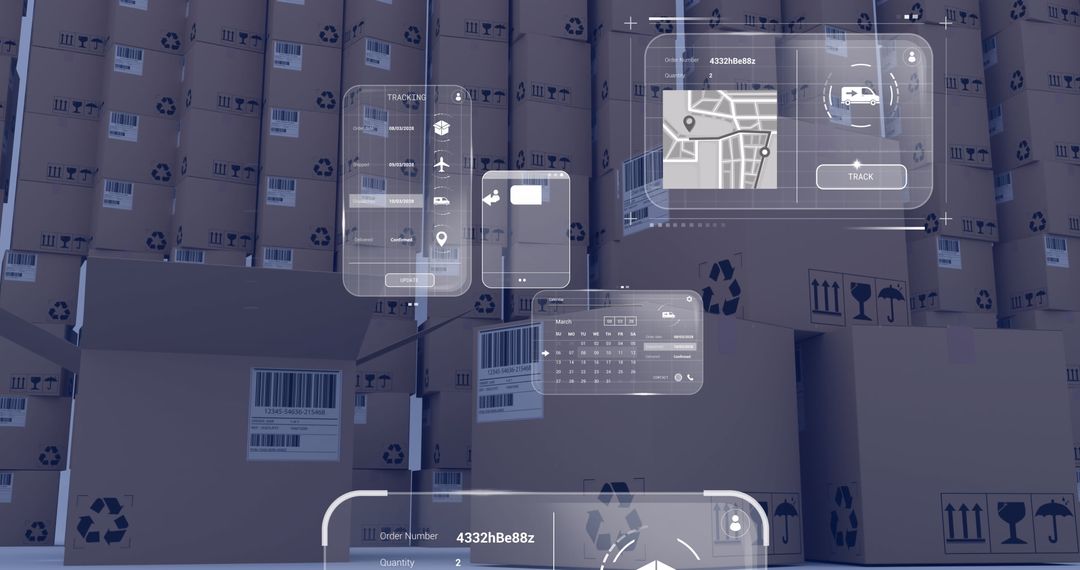 Digital Data Screens Overlaying Cardboard Boxes and Connected Shipping