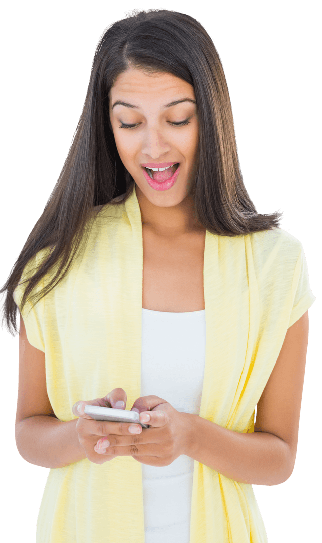 Shocked Teenage Girl Looking at Smartphone Text on Transparent Background