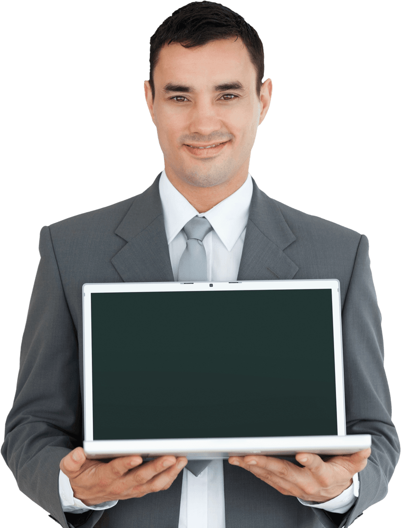 Smiling Businessman Holding Laptop on Transparent Background