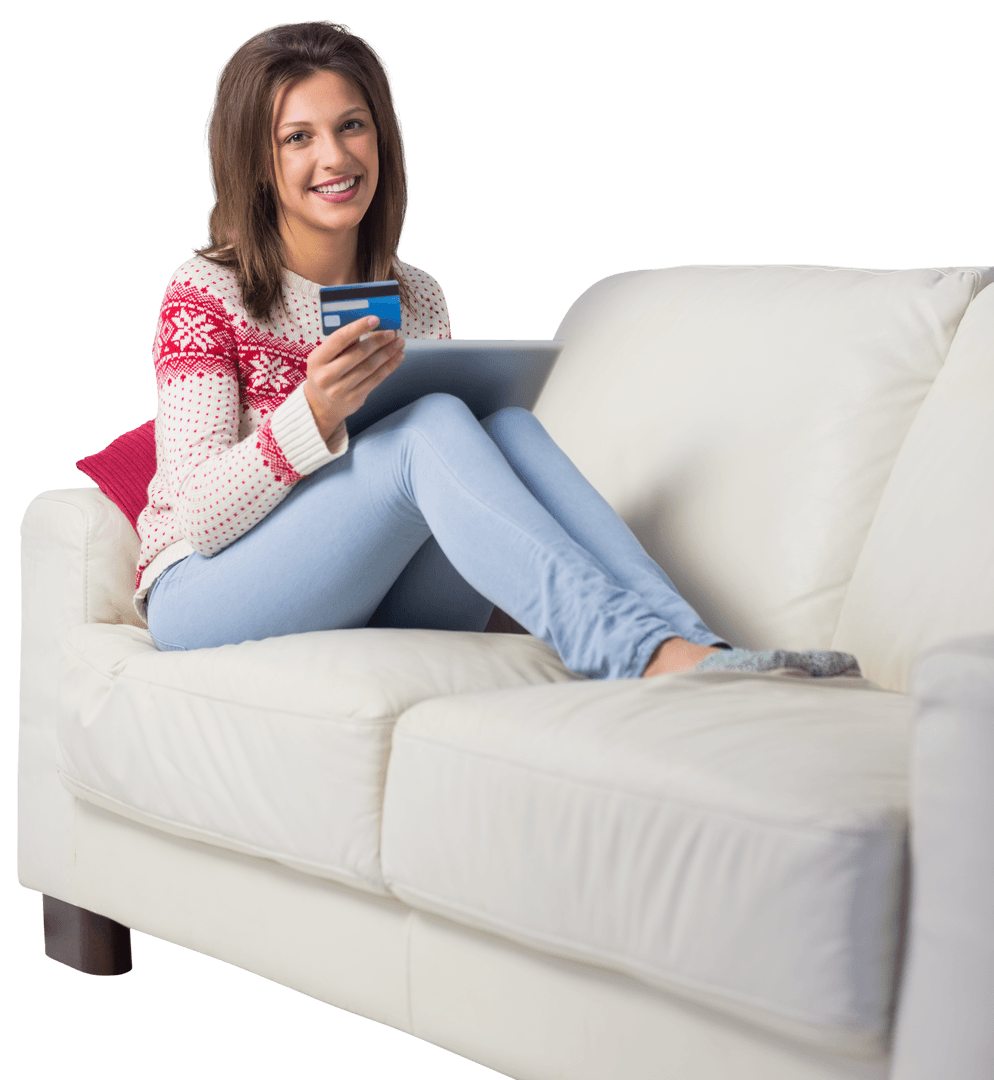Transparent Cheerful Woman Shopping Online with Tablet on Sofa