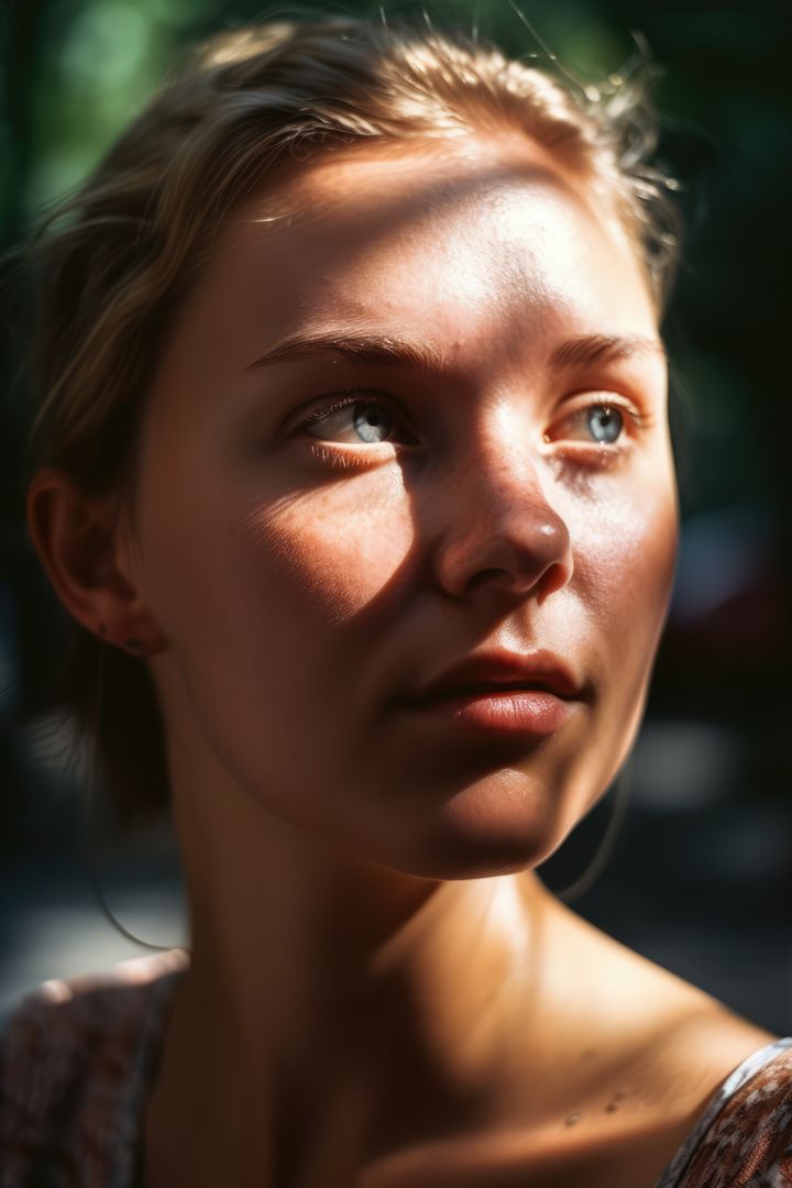 Pensive Woman in Natural Sunlight with Shadows on Face - Free Images, Stock Photos and Pictures on Pikwizard.com