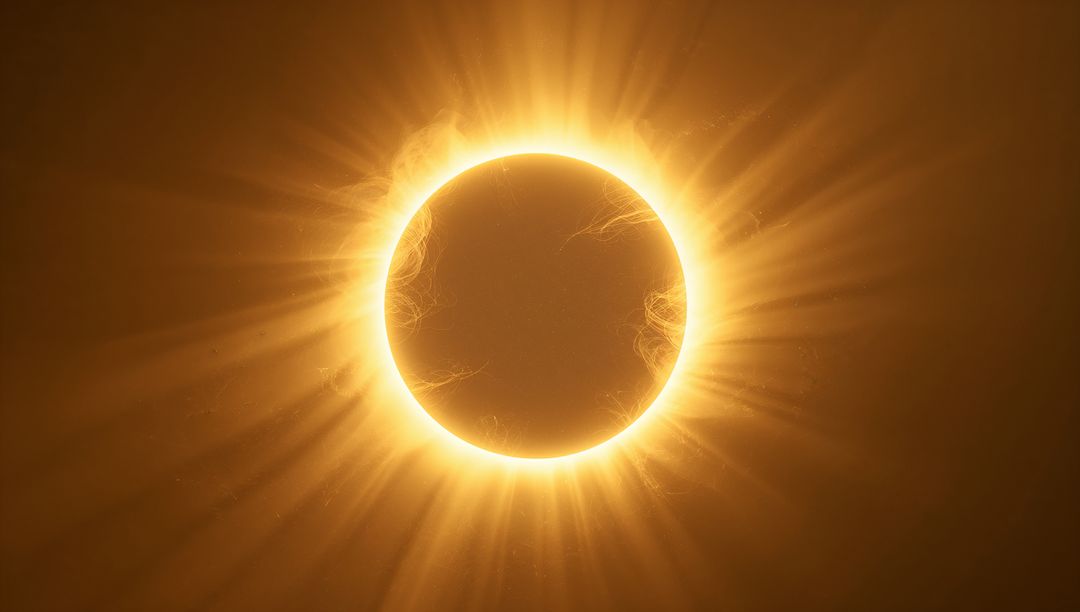 Total solar eclipse revealing golden corona with fiery filaments around moon silhouette