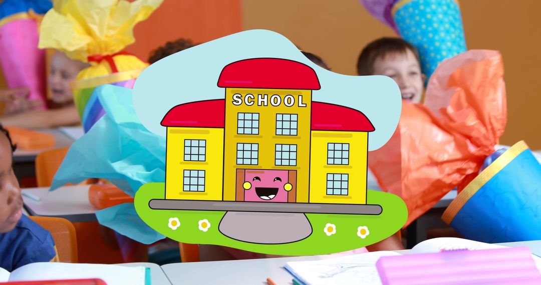 Smiling Cartoon School Icon Overlay on Classroom Scene with Happy Children