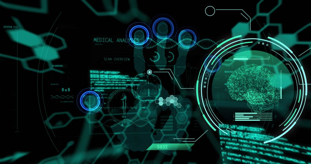 Futuristic Digital Interface with Brain and Data Analysis