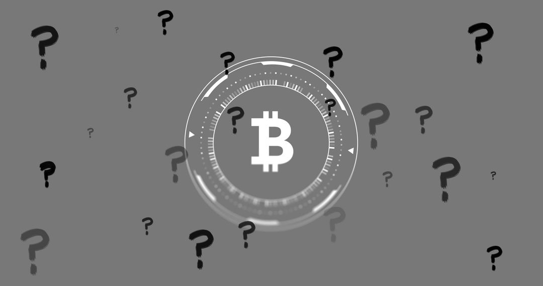 Bitcoin Symbol Amidst Question Marks Representing Cryptocurrency Uncertainty