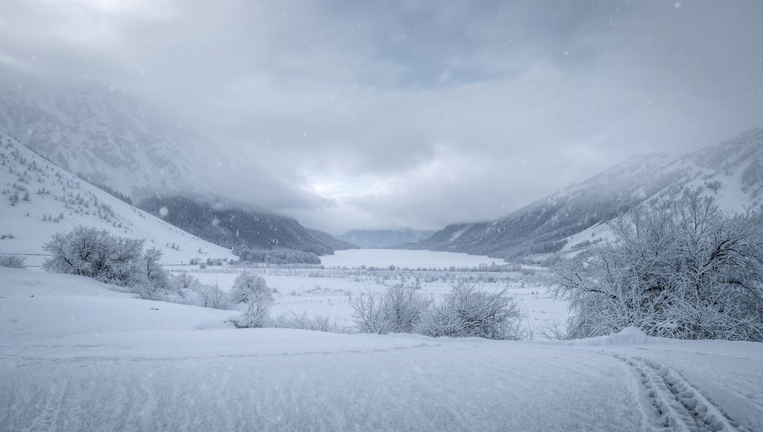 Snow-covered remote alpine valley with frozen lake and tracks under overcast snowfall