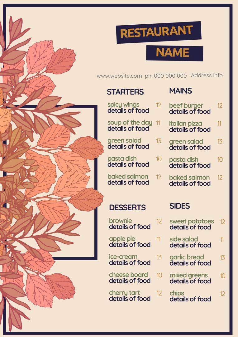 Autumn-Themed Restaurant Menu Template with Warm Colors and Leaf Designs - Download Free Stock Templates Pikwizard.com