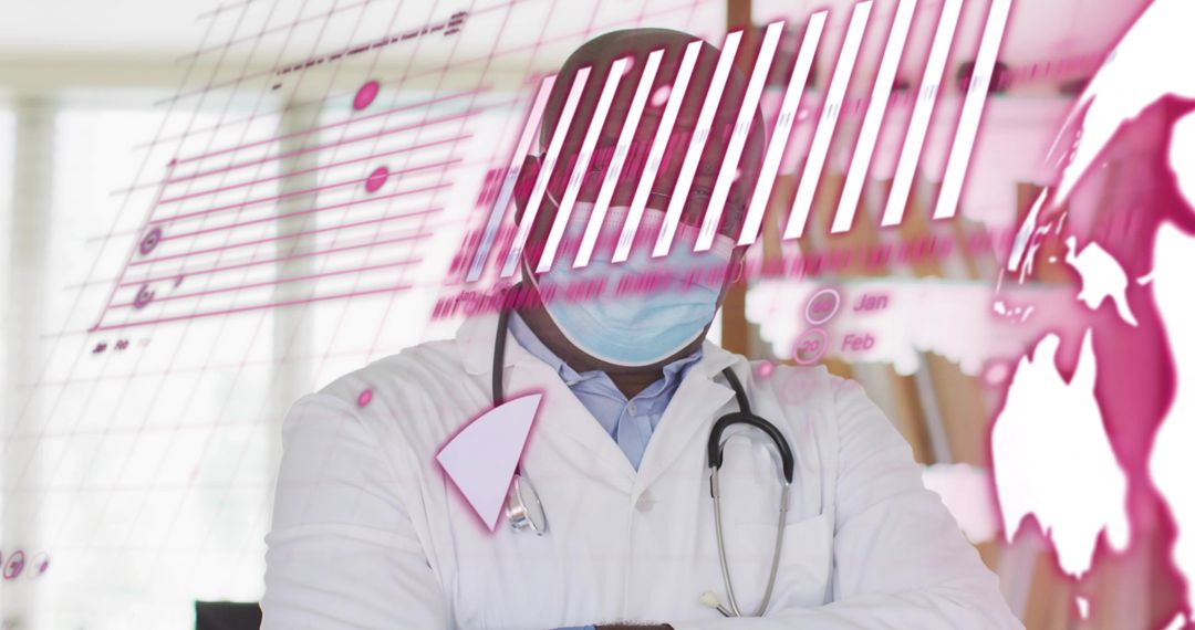 Doctor Analyzing Pink Data Visualization on Transparent Medical Display in Clinic