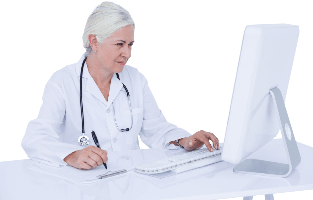Transparent Female Doctor Working on Computer and Clipboard at Desk