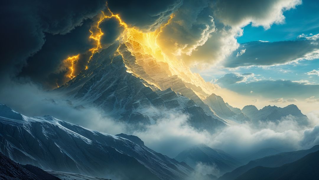 Stormy god-like mountain peak erupting with lightning arcs and sunlit clouds