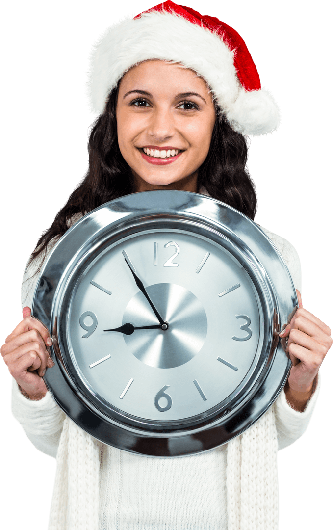 Smiling Woman in Christmas Hat Holding Clock on Transparent Background