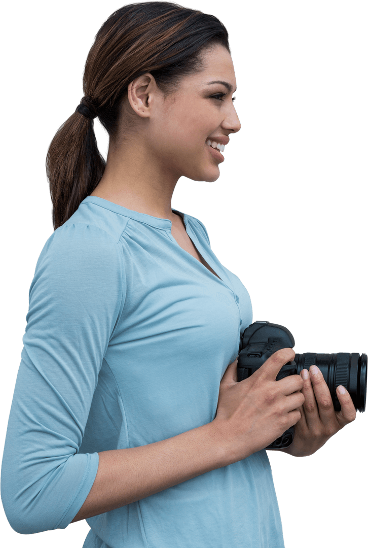 Side View of Female Photographer with Digital Camera on Transparent Background