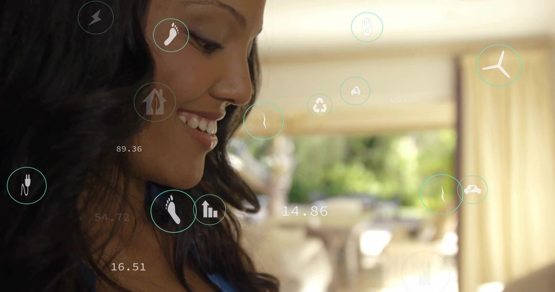 Smiling woman using augmented reality smart home interface displaying energy metrics