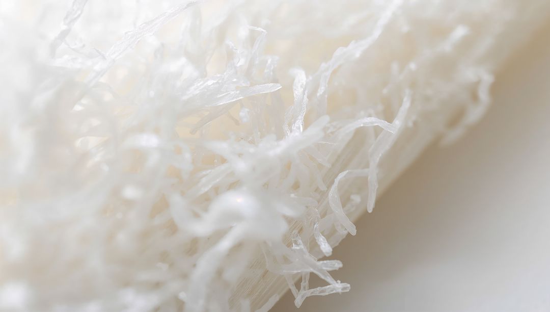 Macro translucent white fibers forming tangled delicate filaments and soft ivory texture