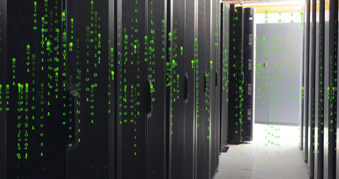 Binary Code Overlay on Modern Server Room with Data Process Visualization - Free Images, Stock Photos and Pictures on Pikwizard.com