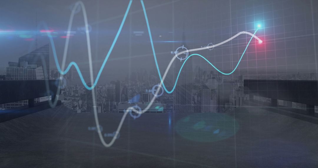 Digital Graph Animation Over Cityscape Reflecting Network Connectivity