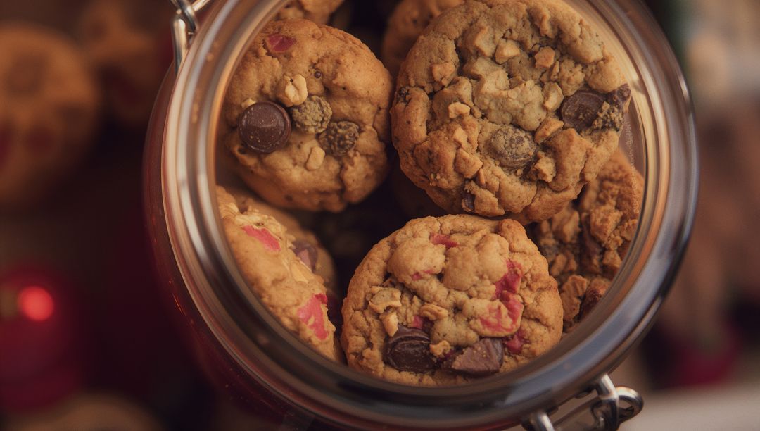 Homemade Chocolate Chip Cookies in Decorative Glass Jar