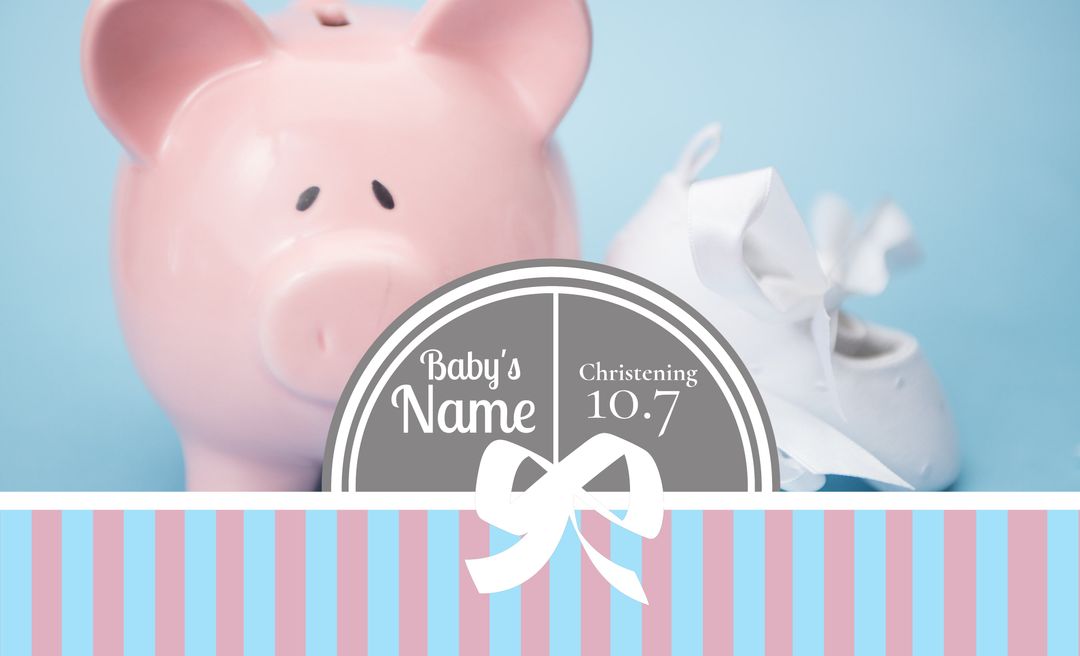 Baby Christening Invitation with Piggy Bank and Shoes Theme