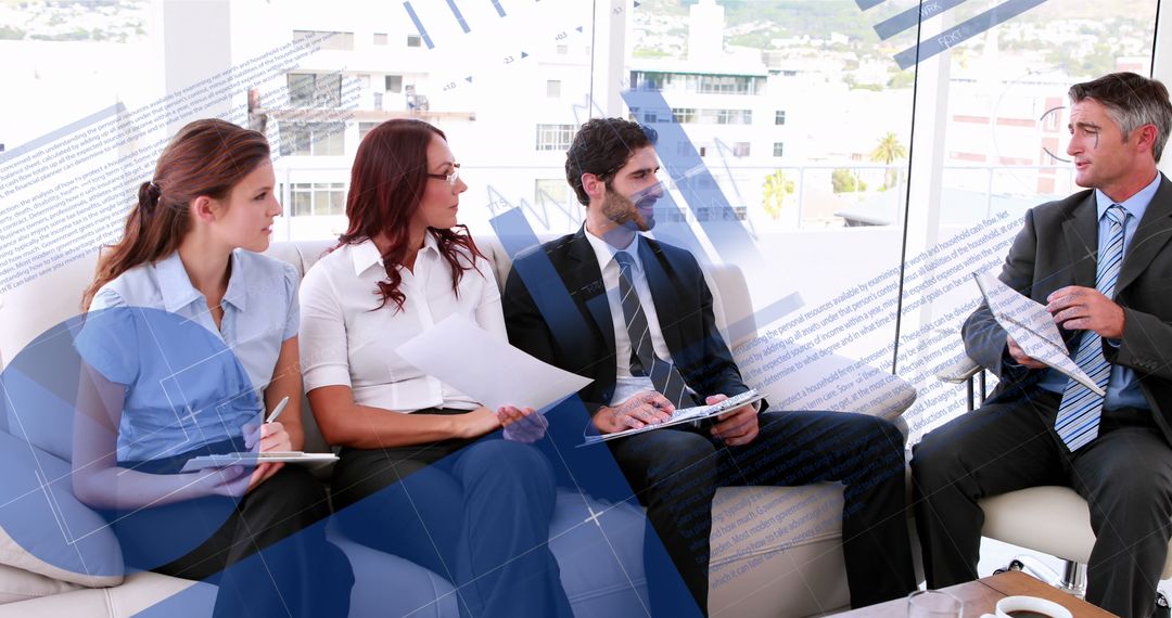 Business Team Collaborating in Strategy Meeting with Overlaid Graphs