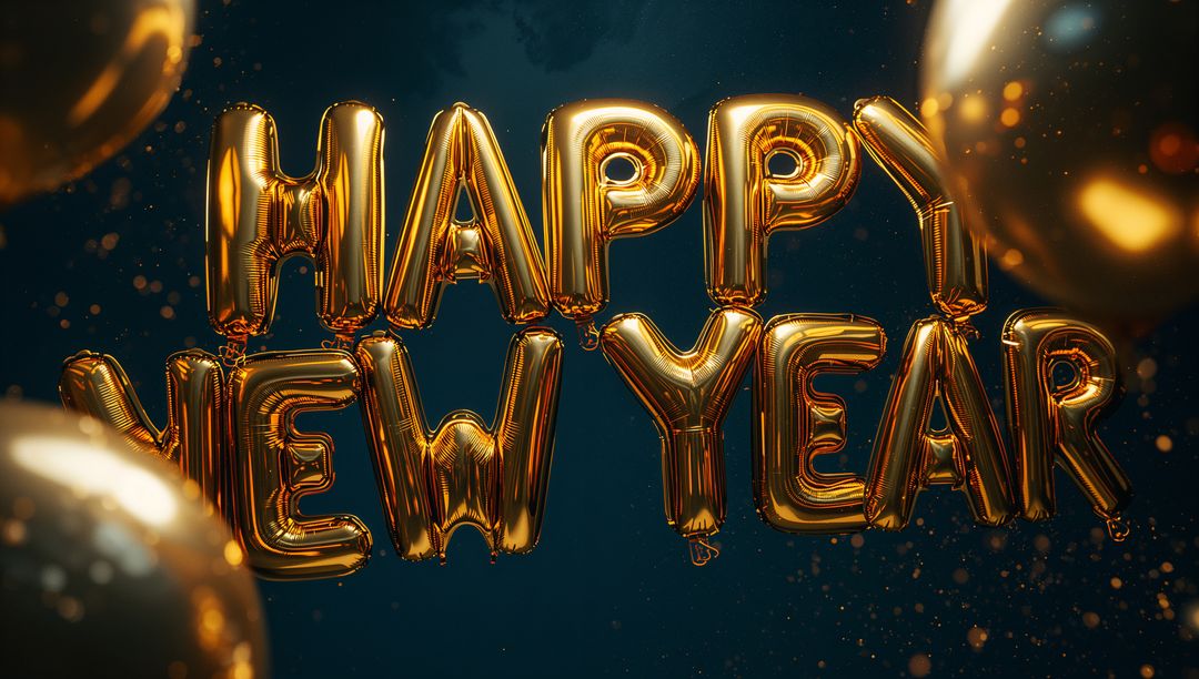 Gold Balloon Letters Spelling HAPPY NEW YEAR on Dark Teal Backdrop with Floating Balloons
