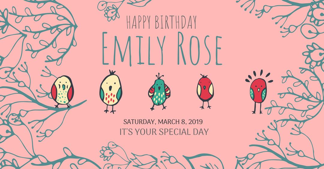Whimsical birthday invitation with birds and floral design