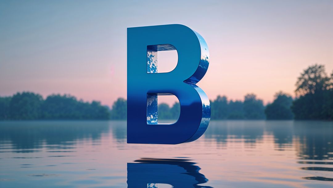 Metallic 3D Letter B Floating Over Serene Lake at Dusk