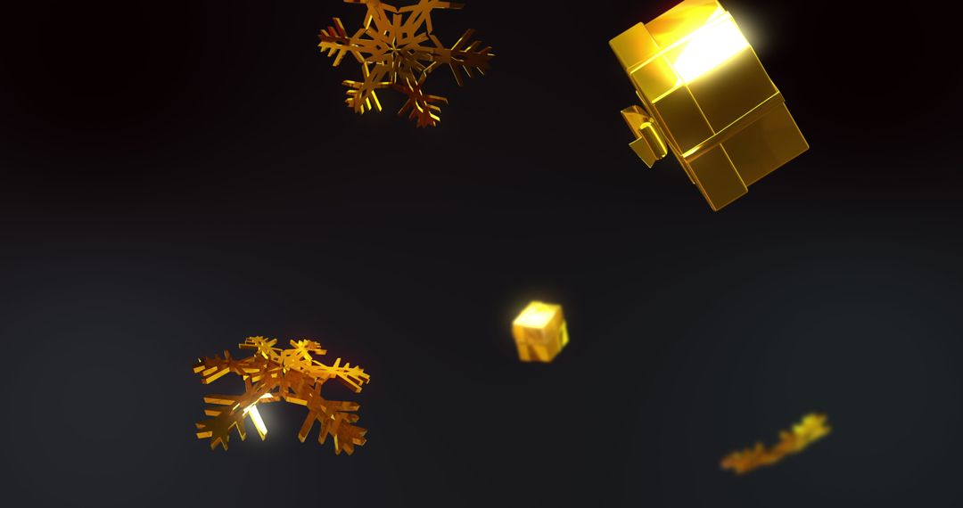 Golden Presents and Snowflakes on Black Background