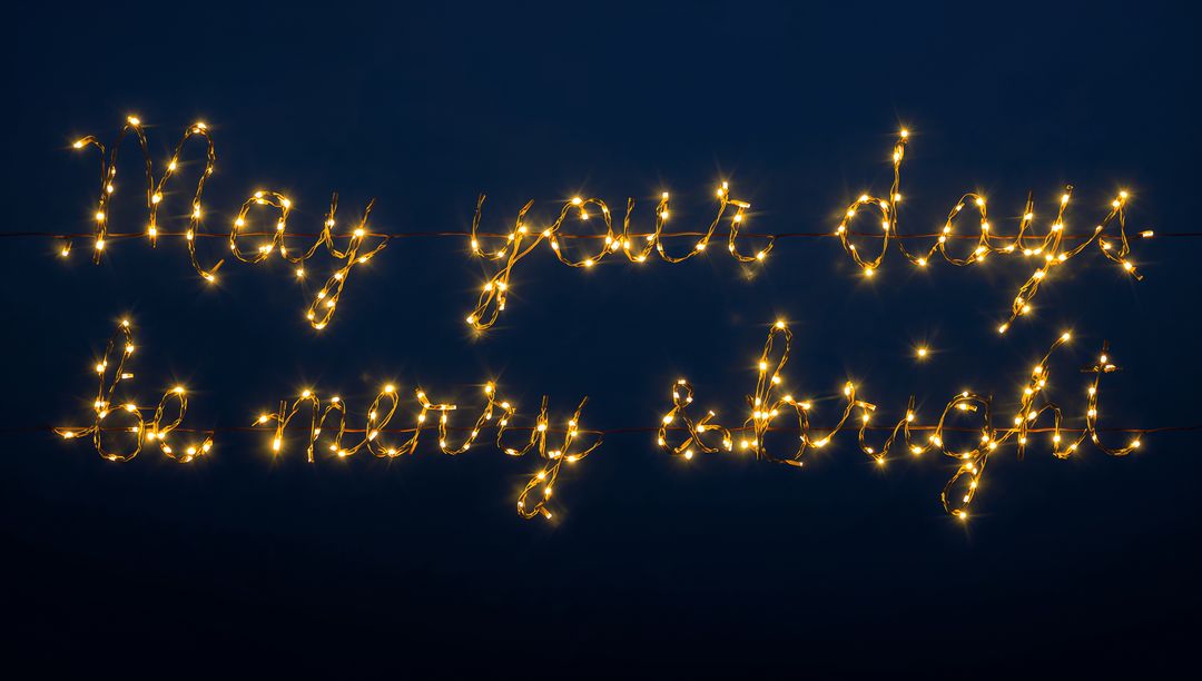 Cursive Fairy Lights Spelling Merry & Bright, Warm LED Script Glowing on Deep Navy
