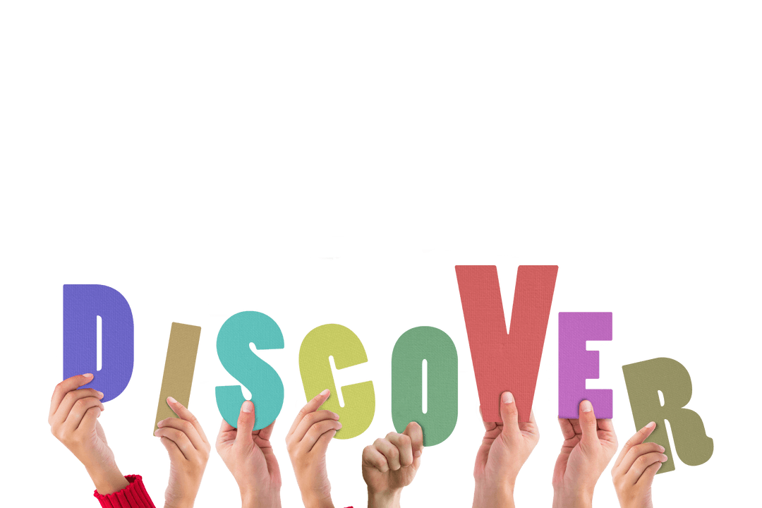 Hands Holding Colorful Discover Letters with Transparent Background