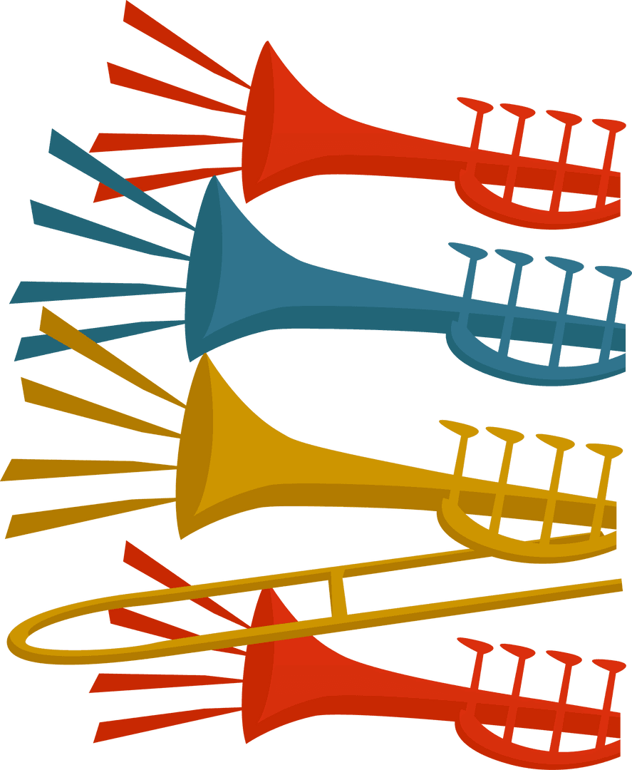 Colorful Abstract Trumpets Emitting Vivid Sound Waves on Transparent Background