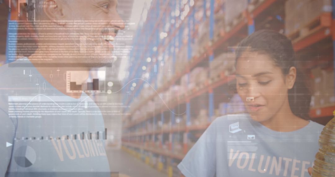 Volunteers Overseeing Donations in Warehouse with Data Overlay