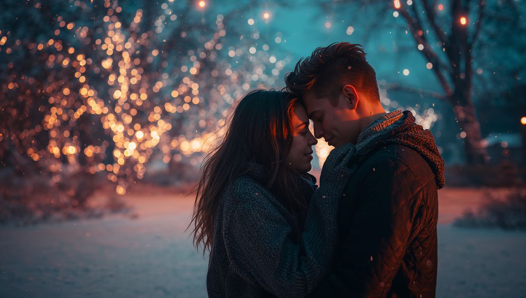Romantic Couple Embracing in Snowy Twilight Park with Golden Lights
