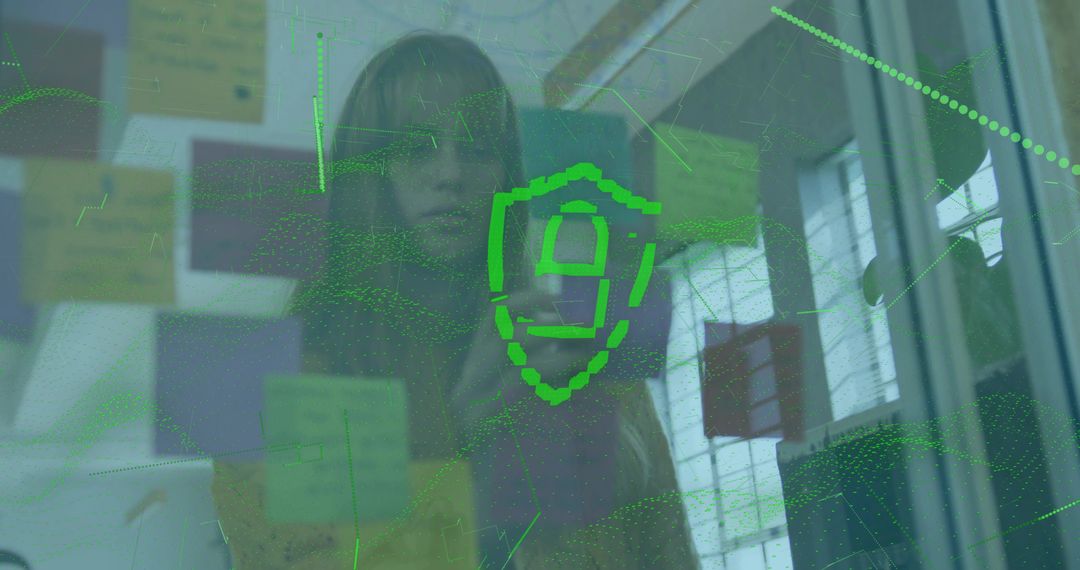 Woman Scanning Digital Shield with Innovation Notes in Modern Office Environment