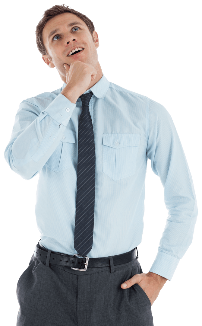 Thoughtful Businessman in Transparent Pose with Hand on Chin