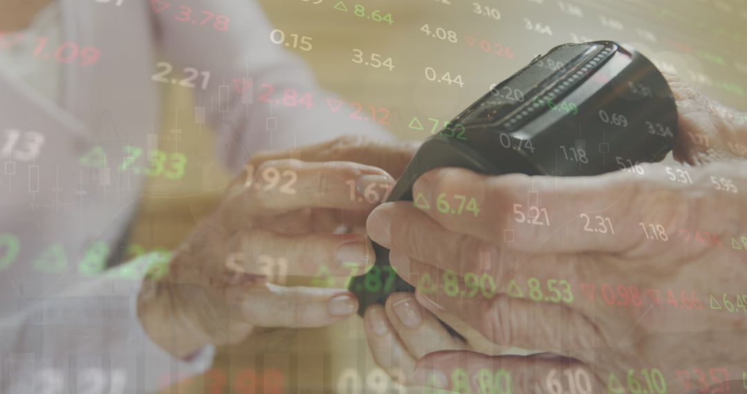 Senior Woman Using Card Machine with Overlay of Stock Data