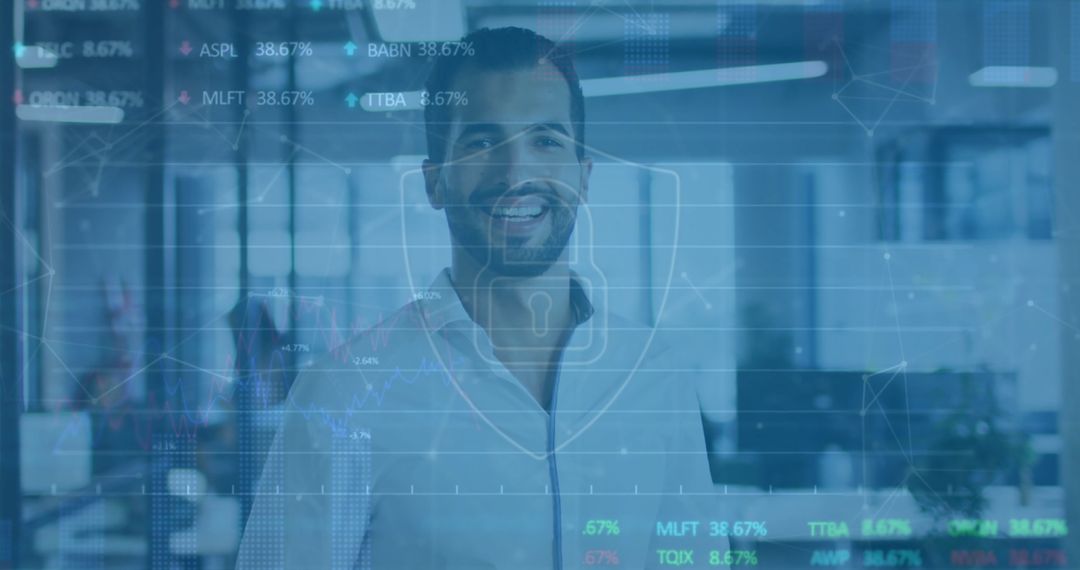 Businessman in Office Analyzing Global Financial Data Overlay