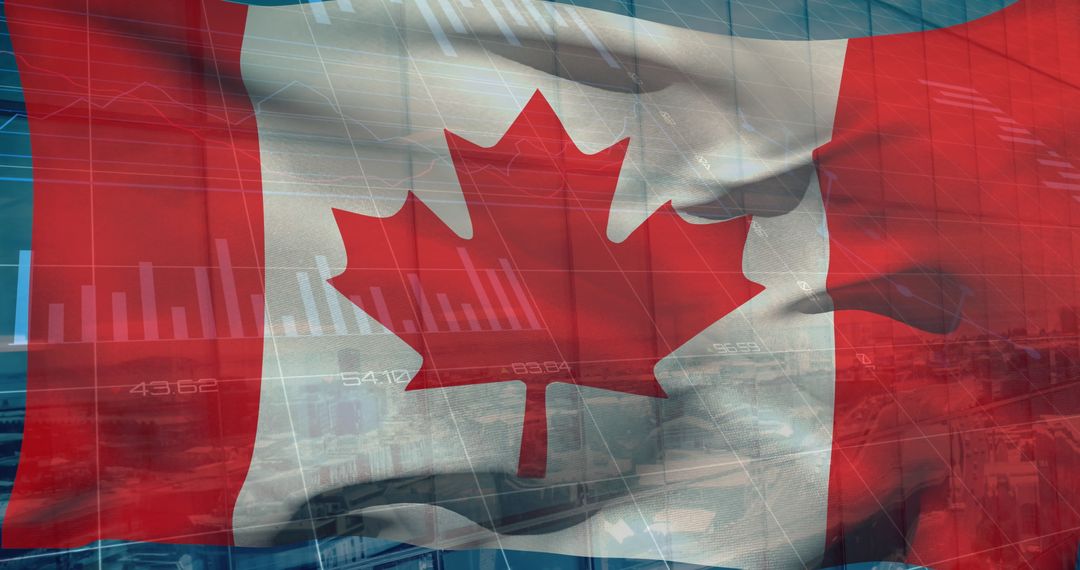 Canadian Flag with Financial Data and Cityscape