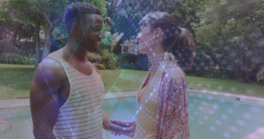 Happy Couple Connecting Near Pool in Garden Setting