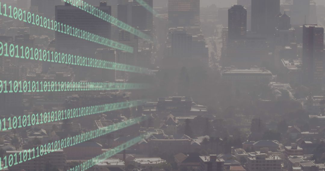 Digital Binary Codes Flowing Over Urban Cityscape
