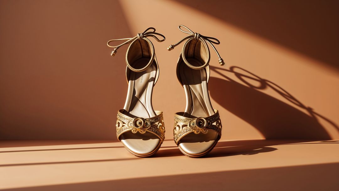 Elegant Gold Heeled Sandals with Decorative Ankle Straps in Studio