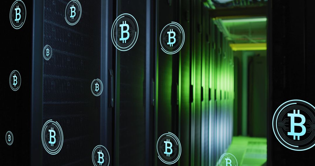 Bitcoin Symbols Floating in Server Room Representing Cryptocurrency