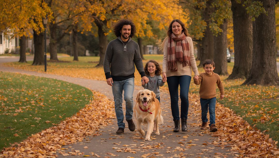 Family Autumn Walk With Golden Retriever on Leaf-Lined Park Path Wearing Sweaters and Scarves