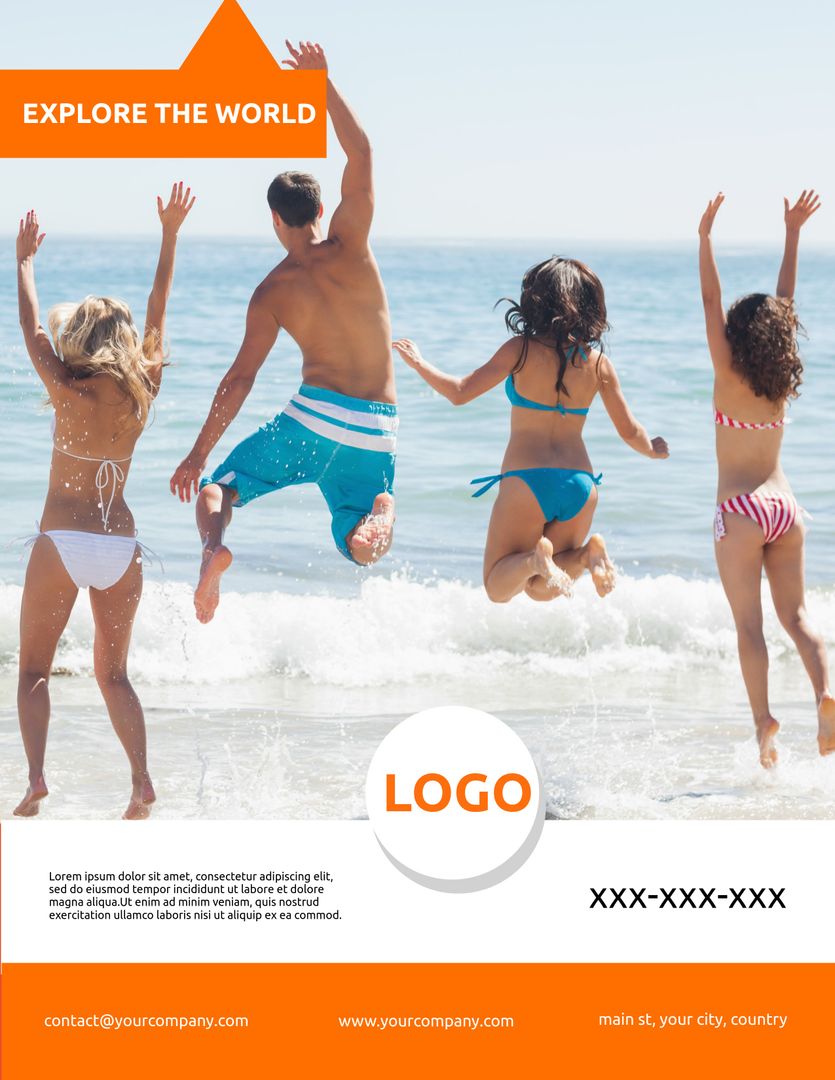 Joyful Friends Jumping Towards Sea Promoting Travel Adventure