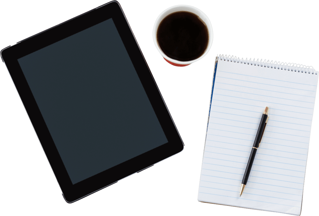 Transparent Workspace Essentials with Tablet, Notepad, and Coffee