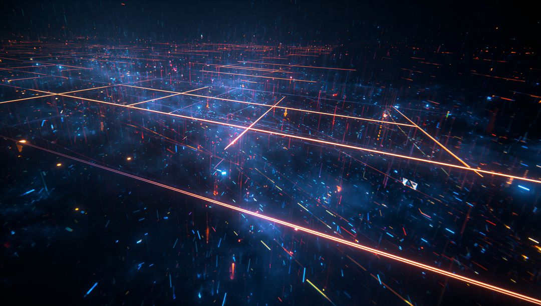 Futuristic Neon Grid with Orange Lines in Digital Space