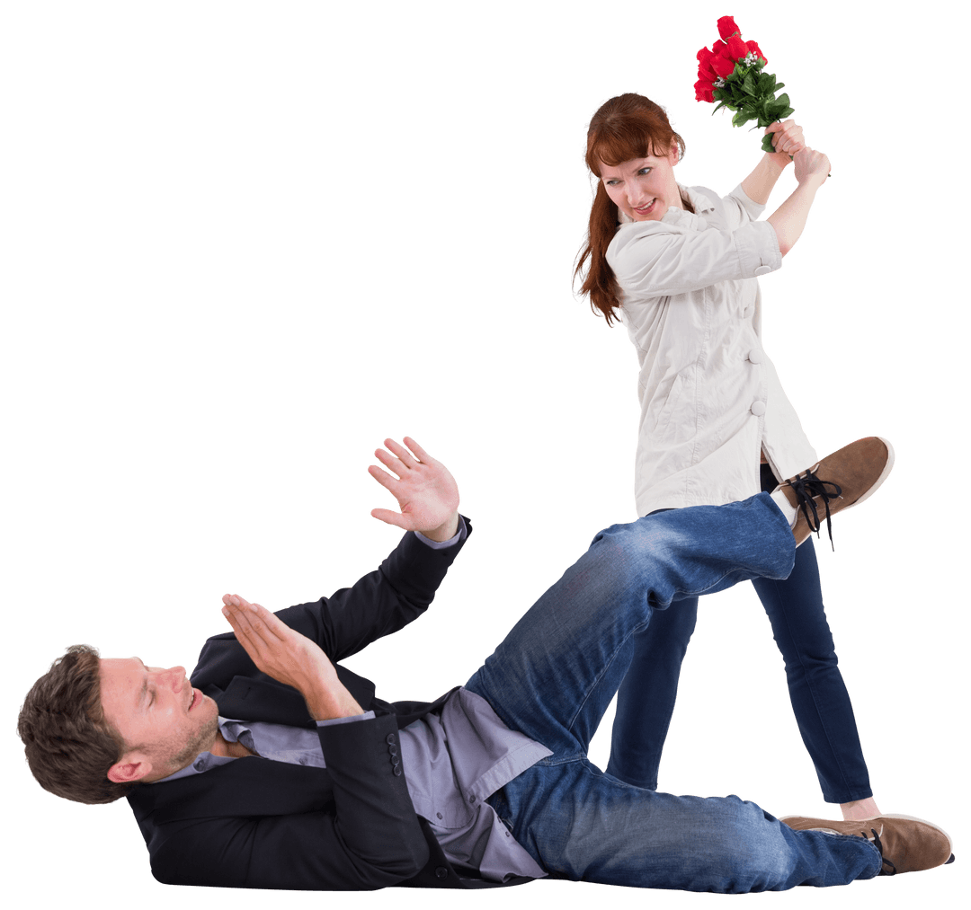 Woman Playfully Throwing Roses at Retreating Man on Transparent Background
